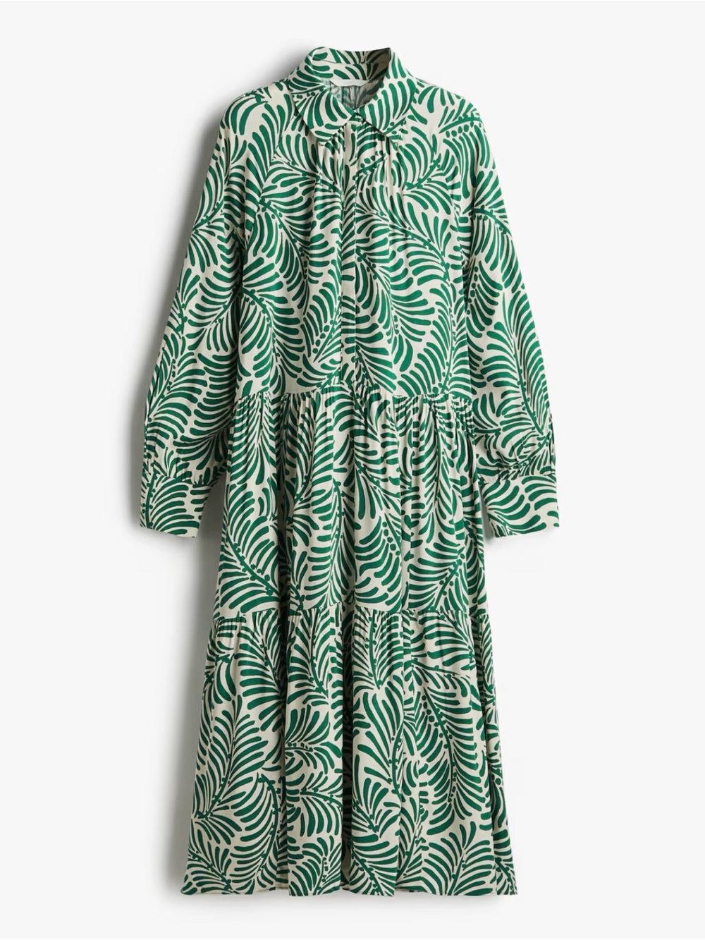 H&M Green Leaf Print Tiered Maxi Shirt Dress Women's Sz M Boho Vacation Resort